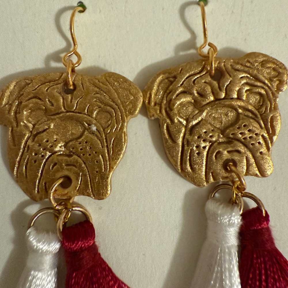 Gold Bulldog Earrings with Maroon and White Tassels - Picture 2 of 3